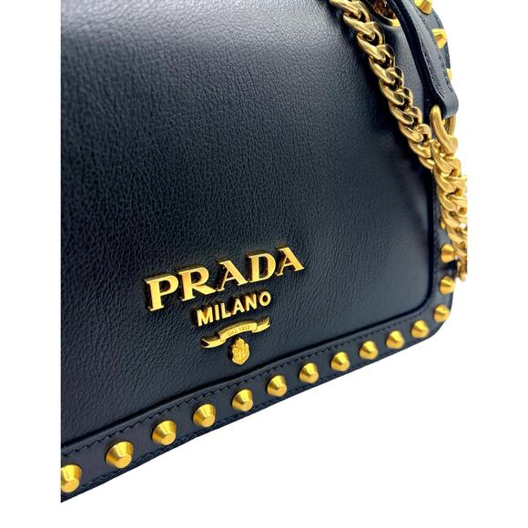 Prada Pattina Black Calf Leather Studded Flap Chain Crossbody - Picture 5 of 5